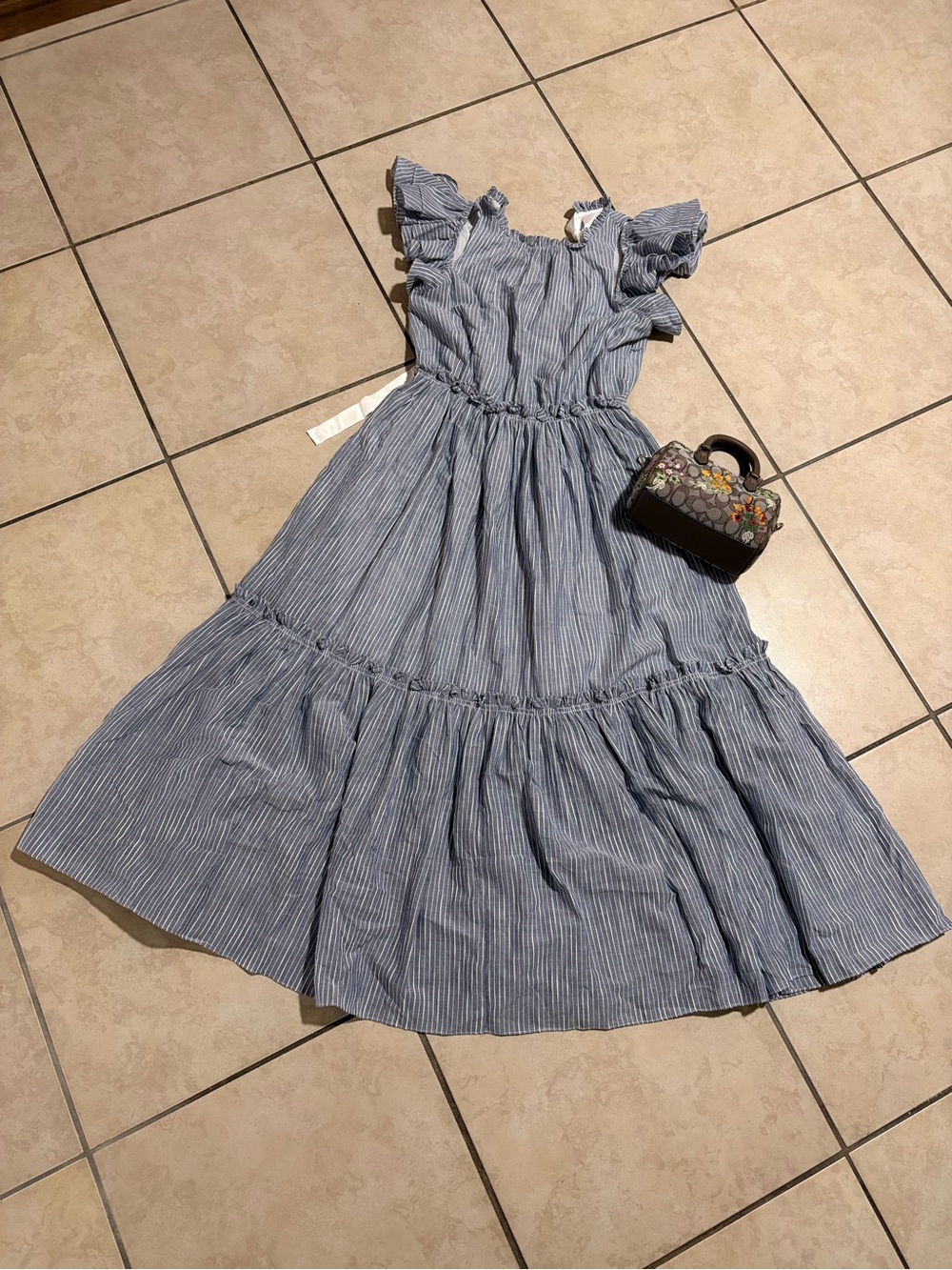 Cinq a Sept Blue Pinstriped Ruffle Dress